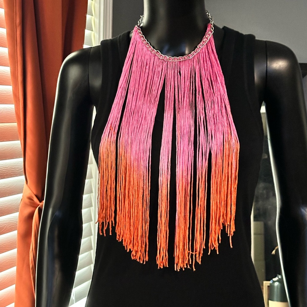 Dramatic Pink and Orange Ombré Fringe Necklace